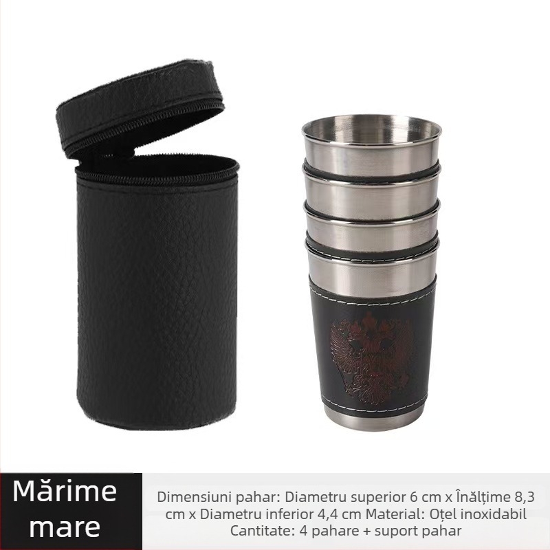 Set de patru pahare din oțel inoxidabil, cu husă cu fermoar, capacități de 30/70/170 ml, pentru camping în aer liber