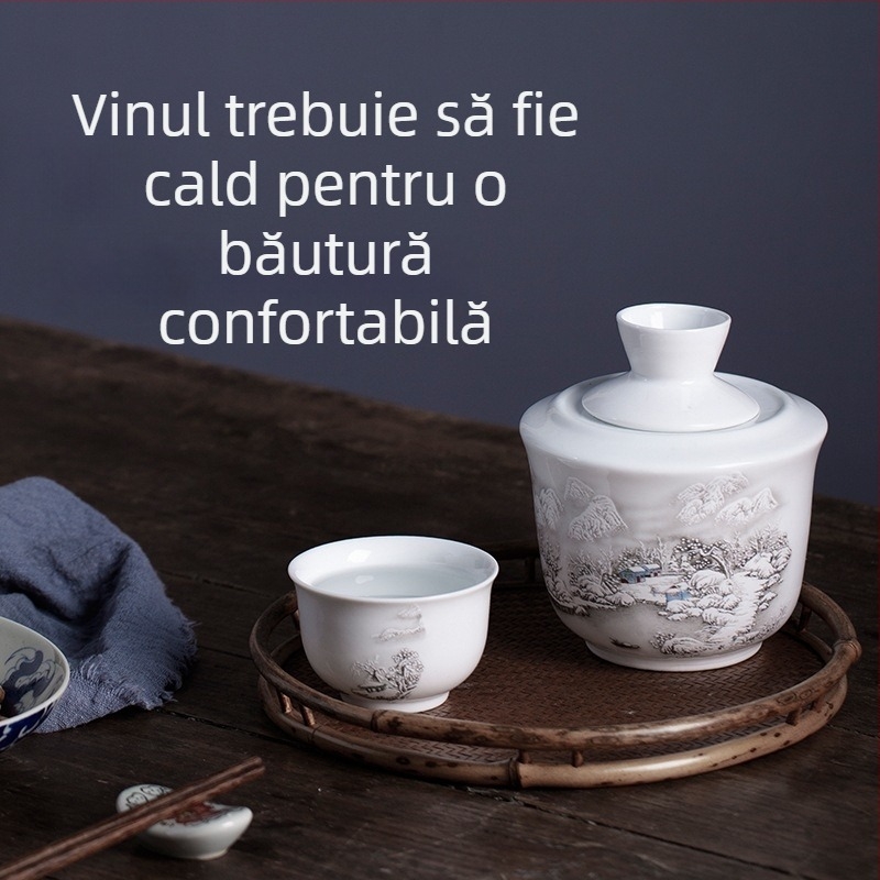 Set din porțelan pentru încălzirea băuturilor alcoolice, însoțit de pahare