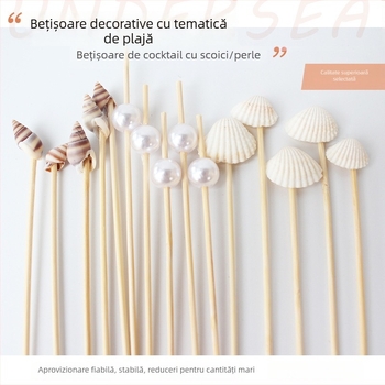 Bețișoare de bambus de unică folosință pentru decorarea prăjiturilor și a cocktailurilor, cu design scoică perlata, 100 buc./pachet
