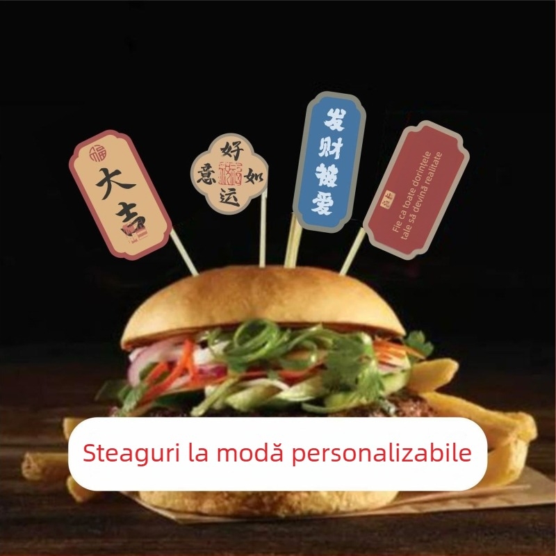 Bețişoare de fructe din bambus cu logo și mini steaguri, bețişoare de unică folosință pentru burgeri și friptură, artă creativă