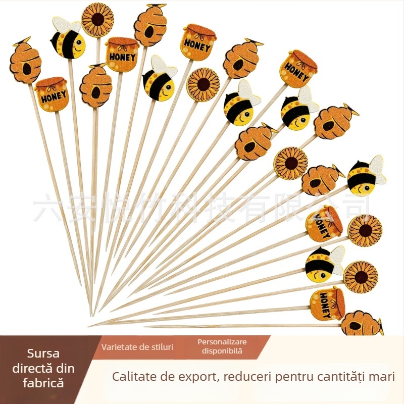 Scobitori decorative cu temă de albină: frunză de arțar, dovleac și con de pin; scobitori pentru cocktailuri și hamburgeri; fructe pentru festivalul recoltei; stil drăguț din bambus de toamnă