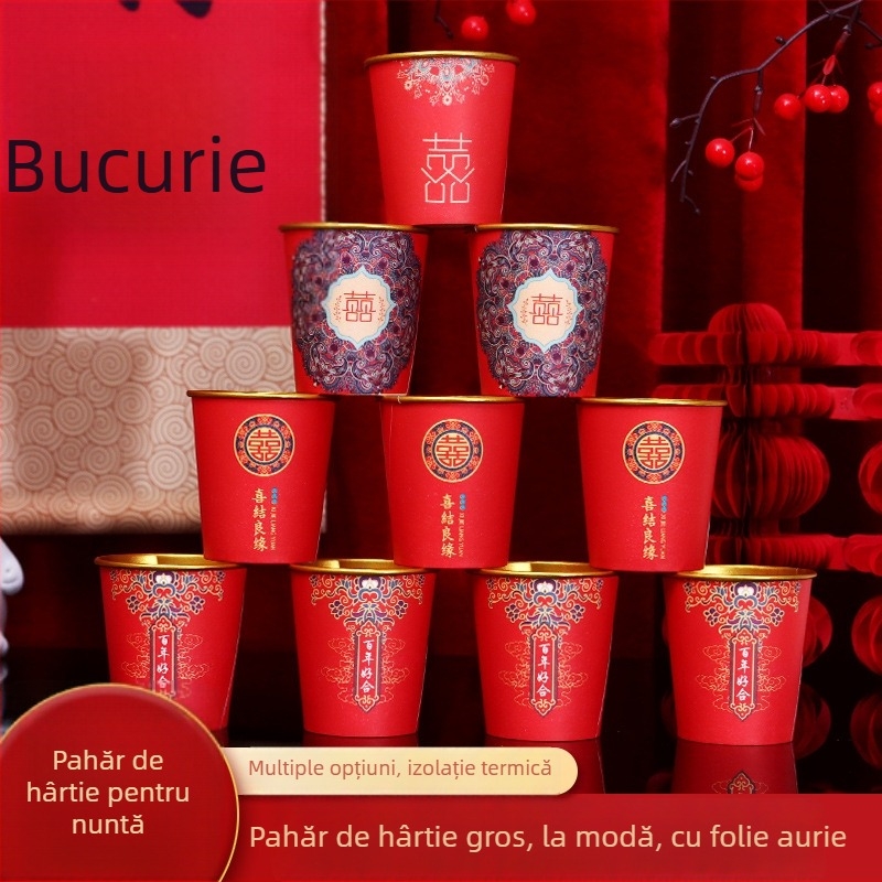 Cupe de hârtie pentru nunți, roșii, cu foiță de aur îngroșată, cești de ceai pentru banchet
