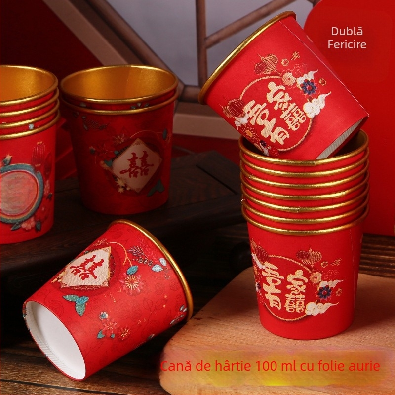 Pahare de hârtie de unică folosință pentru nuntă, 100 ml, cu pereți mai groși, roșii, pentru ceremonia de ceai și nunta
