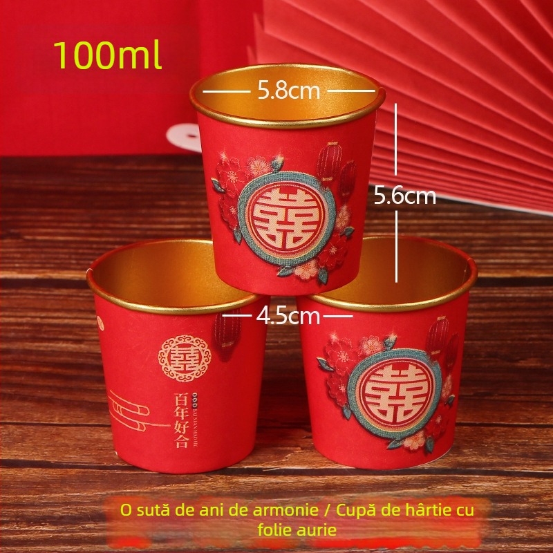 Pahare de hârtie de unică folosință pentru nuntă, 100 ml, cu pereți mai groși, roșii, pentru ceremonia de ceai și nunta