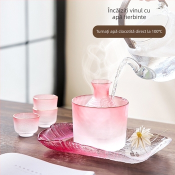 Set de sake în stil japonez cu textură ciocănită, încălzitor din sticlă, oală pentru sake și căni mici