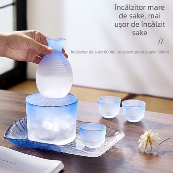 Set de sake în stil japonez cu textură ciocănită, încălzitor din sticlă, oală pentru sake și căni mici