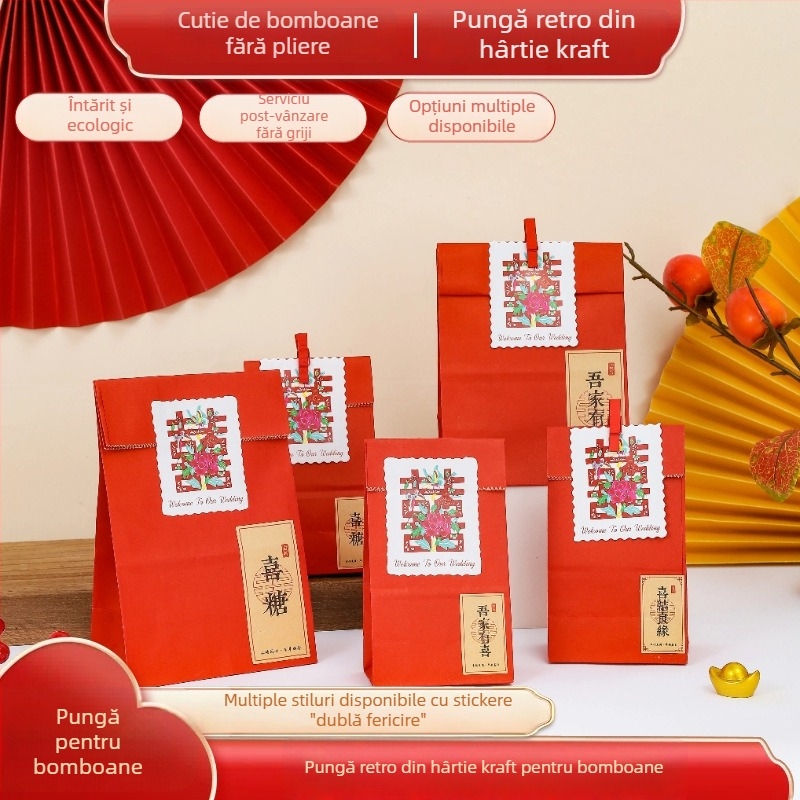 Cutie de bomboane în stil chinezesc din hârtie Kraft, cu etichete pictate manual, pungă cadou pentru nuntă, design fără pliere, 18×9.5×5.5 cm