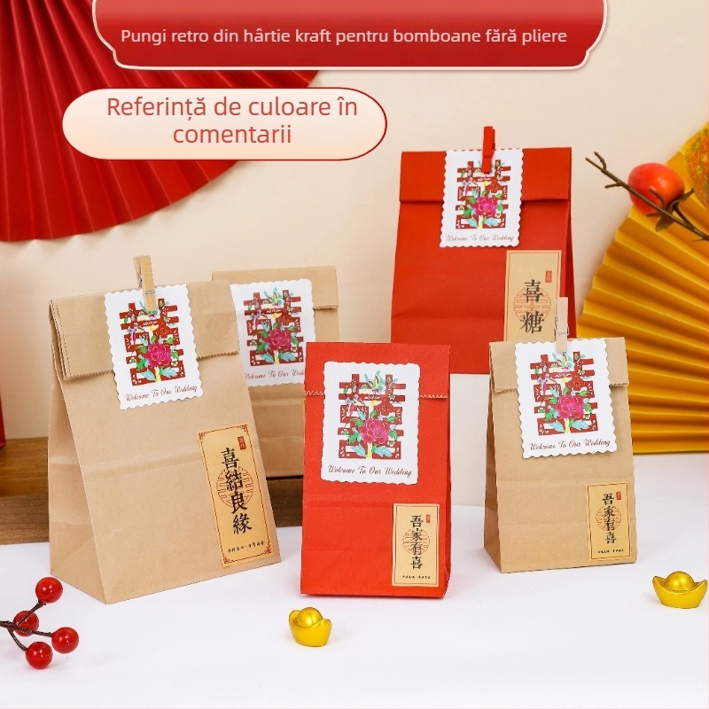 Cutie de bomboane în stil chinezesc din hârtie Kraft, cu etichete pictate manual, pungă cadou pentru nuntă, design fără pliere, 18×9.5×5.5 cm