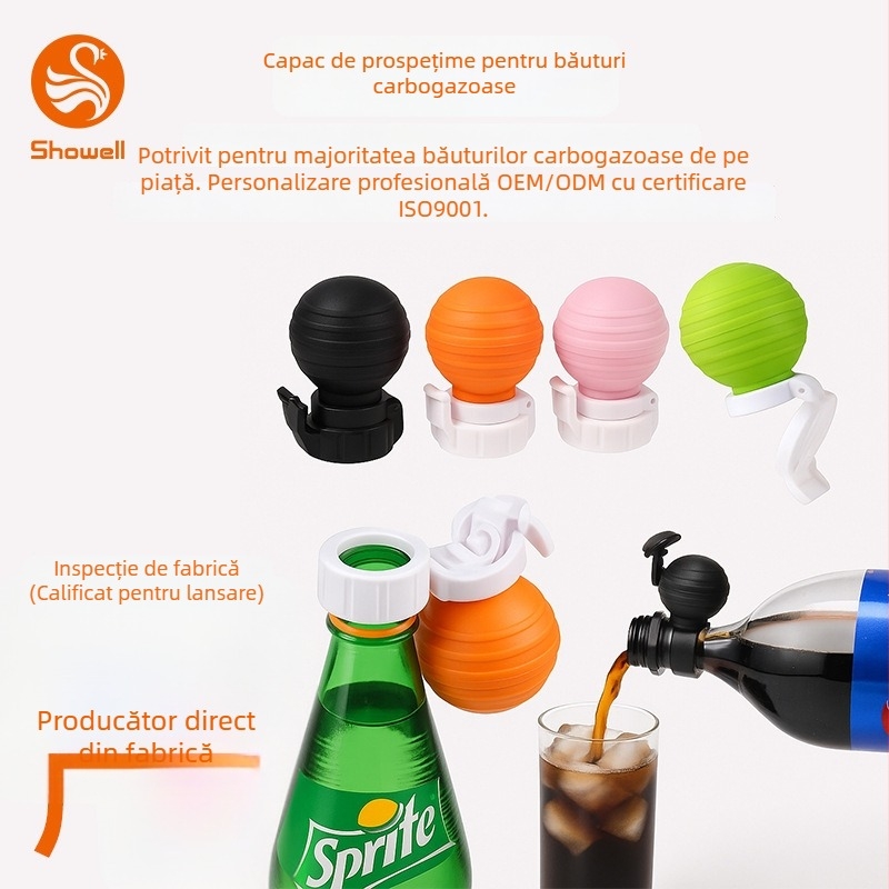 Capac portabil, personalizabil pentru băuturi carbogazoase, cu etanșare gonflabilă și bilă de prospețime pentru sticle cola