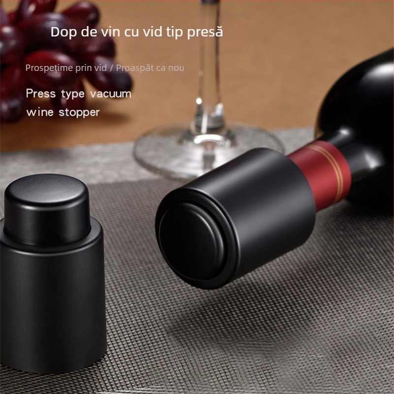 Dop de vin din oțel inoxidabil, cu mecanism de apăsare – pentru vin, bere și șampanie, sigilare prin vid