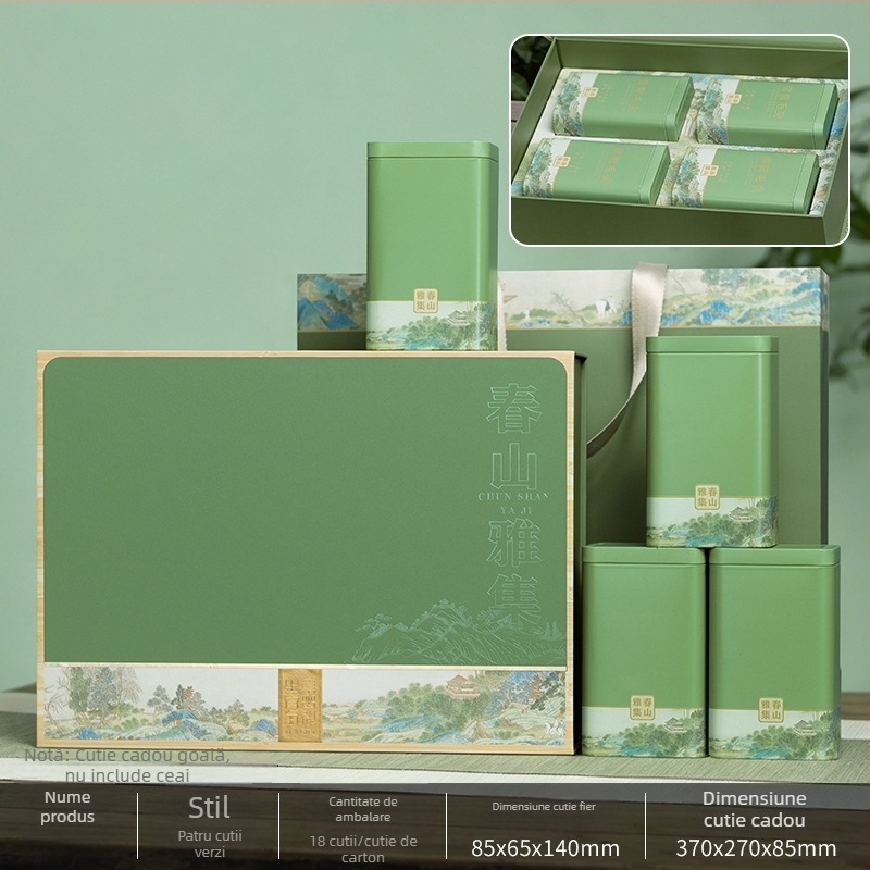 Cutie metalică cadou pentru ceai cu folie aurie – cutie goală de ambalare pentru ceai verde Mingqian Longjing, Maojian și Biluochun, capacitate 0,5 kg