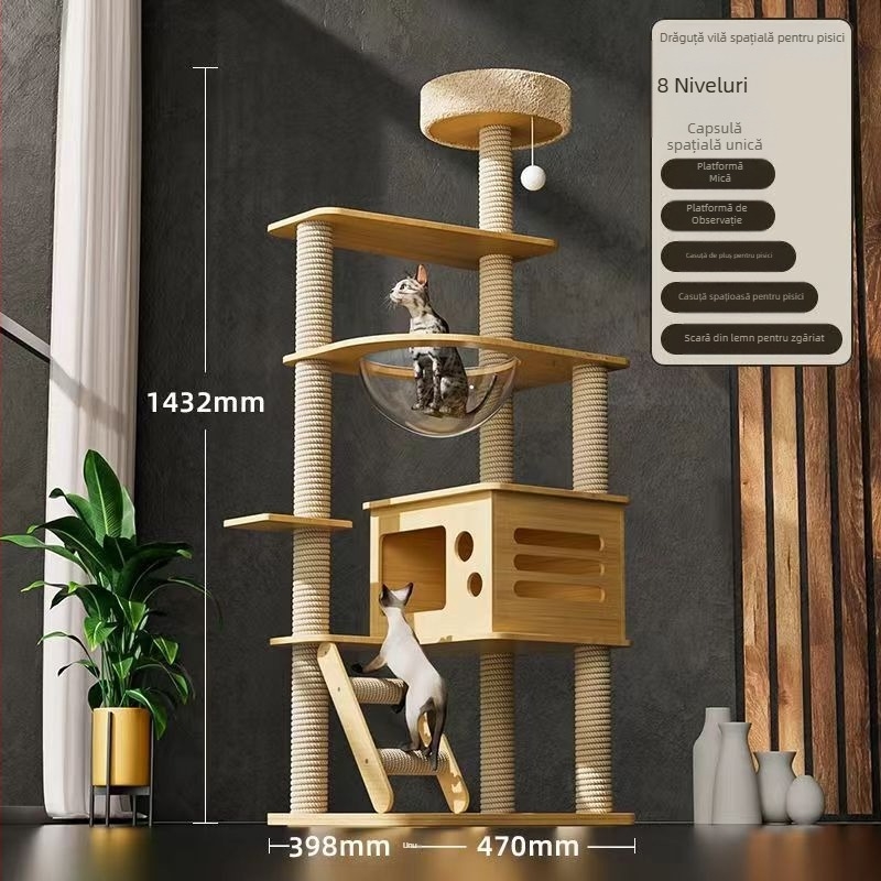 Copac pentru pisici compact cu cușcă și pat integrate, design pe perete, economie de spațiu, stil japonez pentru apartamente mici