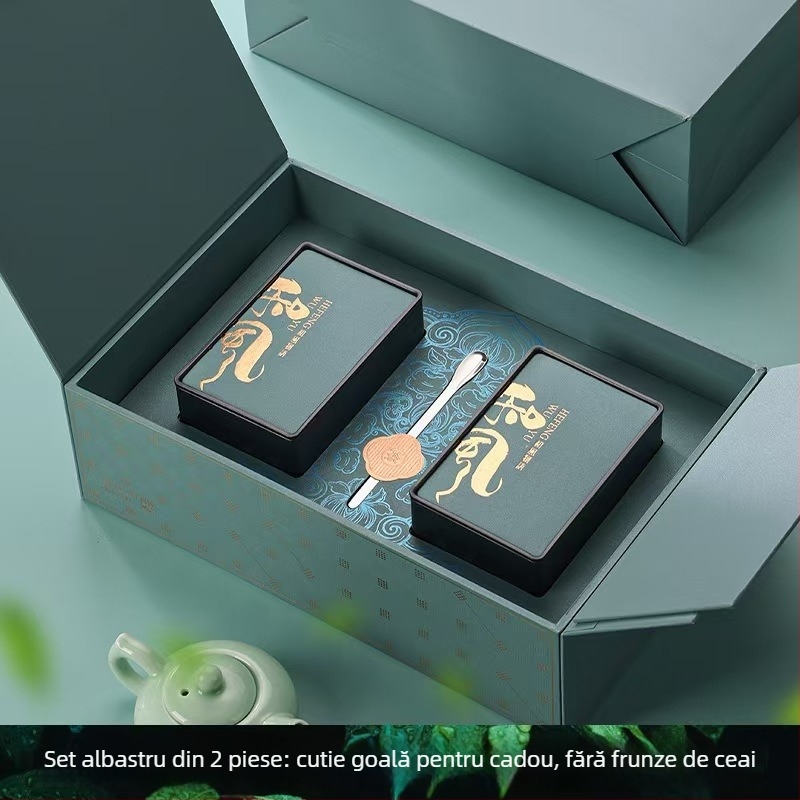 Cutie premiumă de cadou pentru ceai cu Dragon Well și Bi Luo Chun, cutii plate metalice și borcane, ceai verde și negru, set cadou de Anul Nou