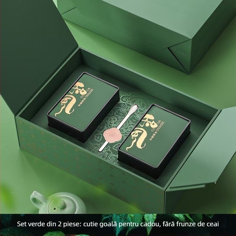 Cutie premiumă de cadou pentru ceai cu Dragon Well și Bi Luo Chun, cutii plate metalice și borcane, ceai verde și negru, set cadou de Anul Nou