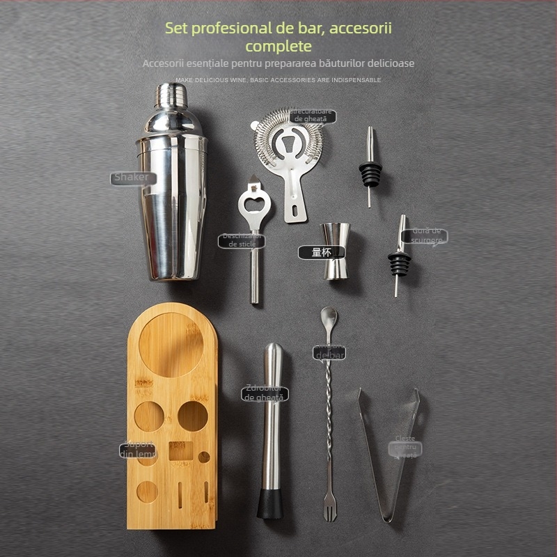 Set de 10 piese de unelte pentru bar din oțel inoxidabil, cu shaker pentru cocktail