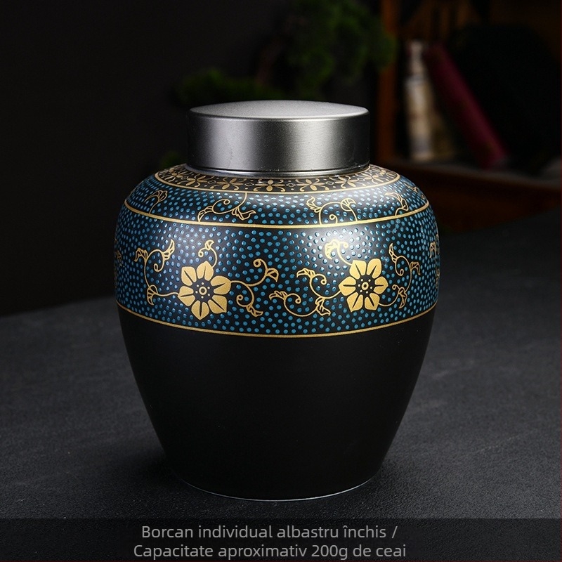 Container ceramic pentru ceai cu capac etanș, husă din piele, în cutie cadou pentru ceai negru, ceai verde și Pu'er.