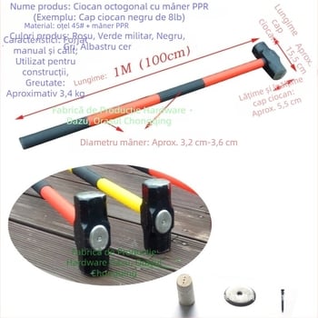 Ciocan octagonal cu cap greu din fier, pentru tâmplă și zidărie; design dublu; mâner PPR amortizant