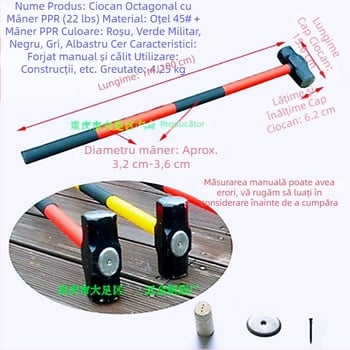 Ciocan octagonal cu cap greu din fier, pentru tâmplă și zidărie; design dublu; mâner PPR amortizant