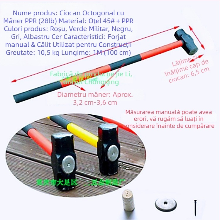 Ciocan octagonal cu cap greu din fier, pentru tâmplă și zidărie; design dublu; mâner PPR amortizant