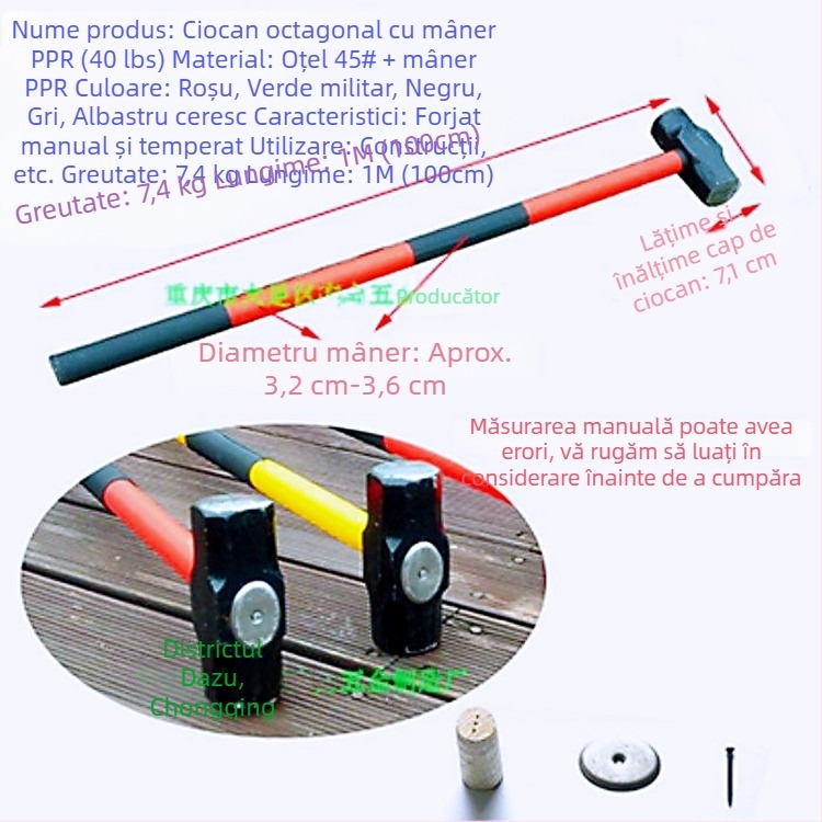 Ciocan octagonal cu cap greu din fier, pentru tâmplă și zidărie; design dublu; mâner PPR amortizant