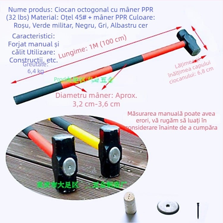 Ciocan octagonal cu cap greu din fier, pentru tâmplă și zidărie; design dublu; mâner PPR amortizant