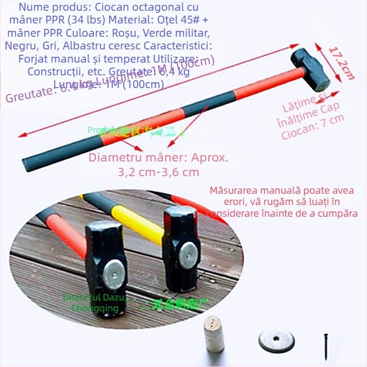Ciocan octagonal cu cap greu din fier, pentru tâmplă și zidărie; design dublu; mâner PPR amortizant