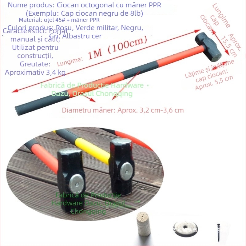 Ciocan octagonal cu cap greu din fier, pentru tâmplă și zidărie; design dublu; mâner PPR amortizant