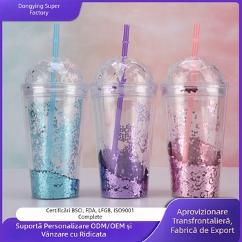 Ceașcă din plastic creativă, drăguță, cu paiete și pai, pereți dubli, răcire cu gheață zdrobită, model desen animat
