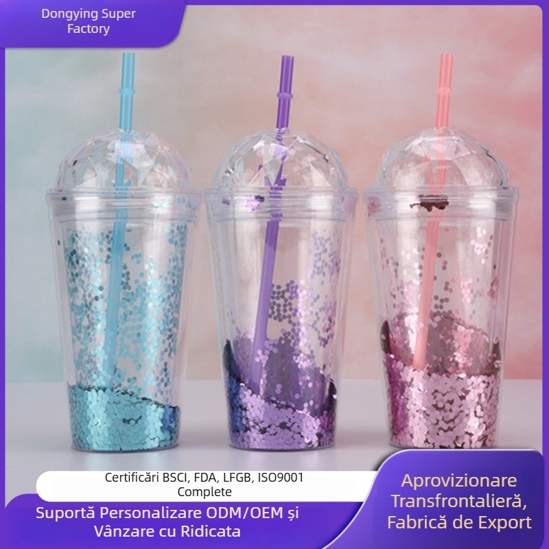 Ceașcă din plastic creativă, drăguță, cu paiete și pai, pereți dubli, răcire cu gheață zdrobită, model desen animat
