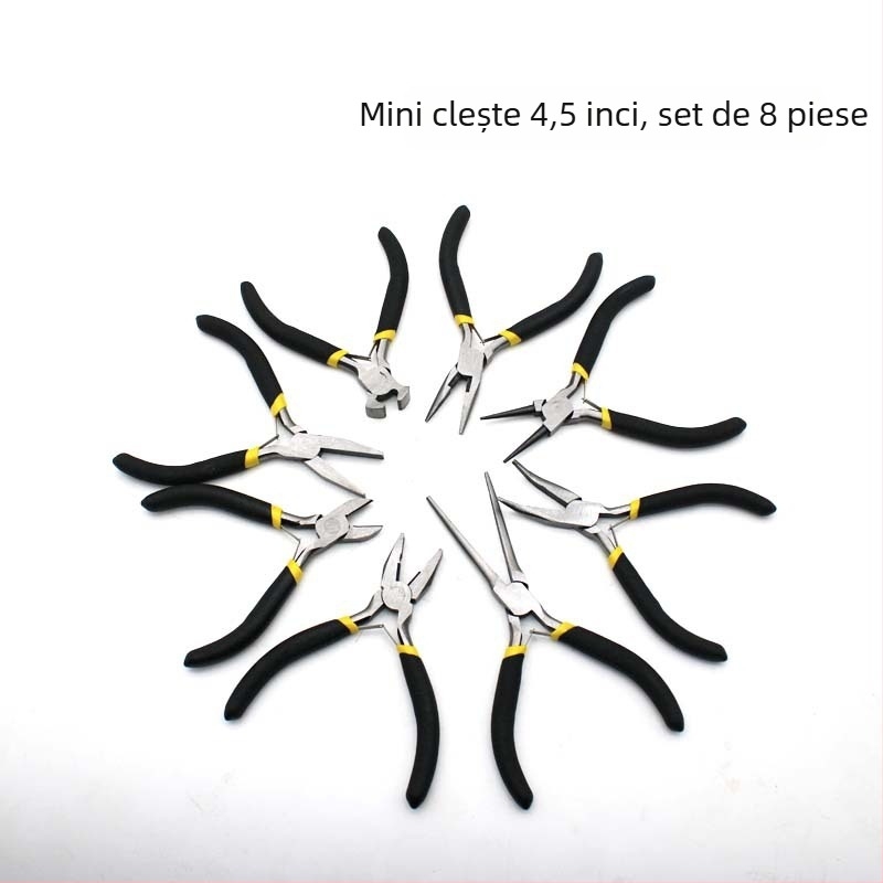 Set de 8 piese: clește mini 4,5 inch, mânere negre și galbene, unelte multifuncționale, clește diagonal, clește cu nas de ac, clește cu nas plat