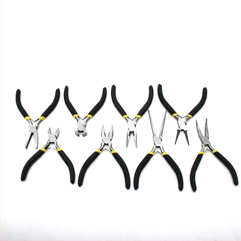 Set de 8 piese: clește mini 4,5 inch, mânere negre și galbene, unelte multifuncționale, clește diagonal, clește cu nas de ac, clește cu nas plat