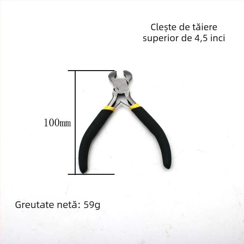 Set de 8 piese: clește mini 4,5 inch, mânere negre și galbene, unelte multifuncționale, clește diagonal, clește cu nas de ac, clește cu nas plat