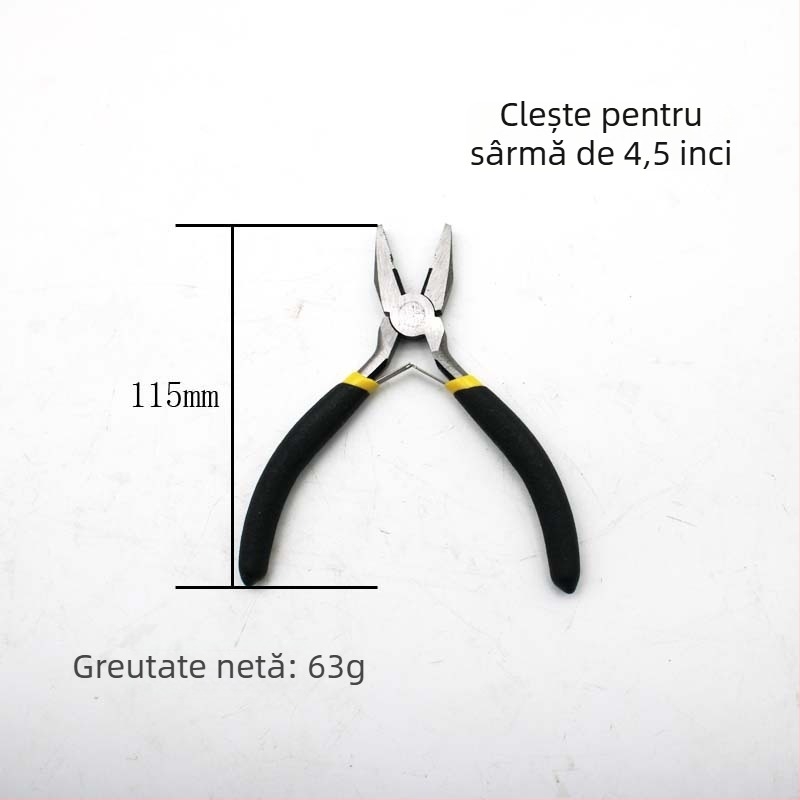 Set de 8 piese: clește mini 4,5 inch, mânere negre și galbene, unelte multifuncționale, clește diagonal, clește cu nas de ac, clește cu nas plat