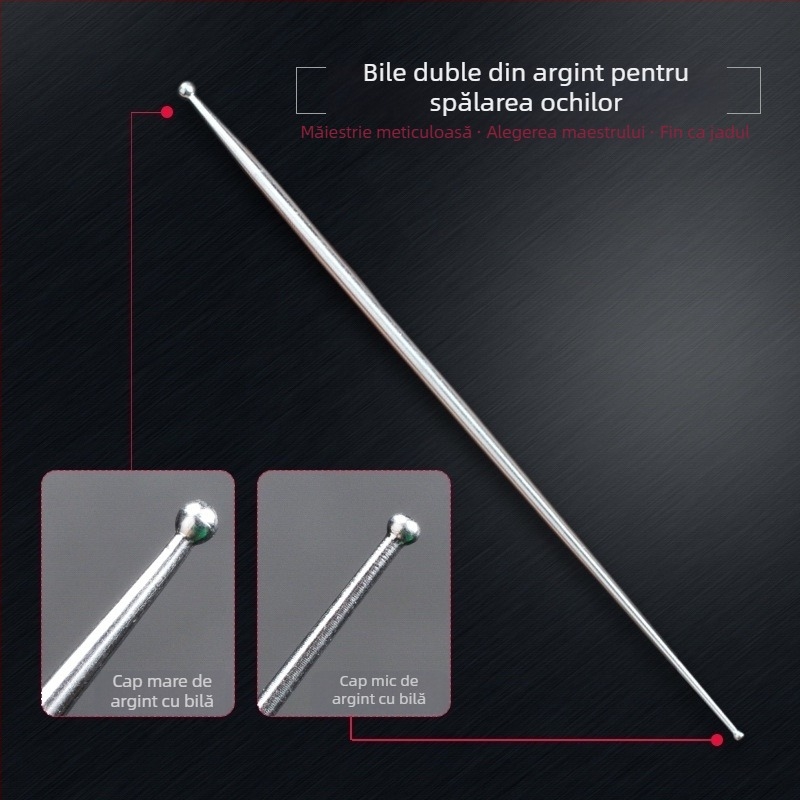 Set profesional de instrumente pentru spalarea ochilor și curățarea urechilor, cu cap dublu, ac de argint 925 pentru spalarea ochilor, instrument de curățare a urechilor, tijă cu mărgele de argint și vârf rotund pentru curățarea ochilor