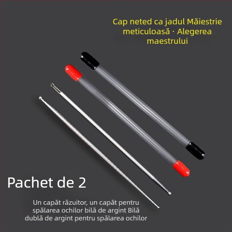 Set profesional de instrumente pentru spalarea ochilor și curățarea urechilor, cu cap dublu, ac de argint 925 pentru spalarea ochilor, instrument de curățare a urechilor, tijă cu mărgele de argint și vârf rotund pentru curățarea ochilor