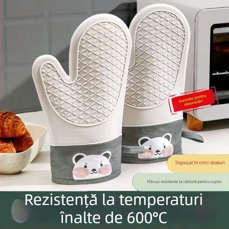 Mănuși groase din silicon pentru cuptor, rezistente la temperaturi înalte, anti-alunecare, pentru cuptor cu microunde și coacere, bucătărie, model ursuleț