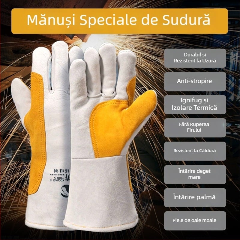 Mănuși de sudură cu căptușeală caldă, fir ignifug, umplutură din bumbac, rezistente la uzură, izolație termică, rezistente la temperaturi înalte, piele de miel, mănuși de protecție pentru muncă