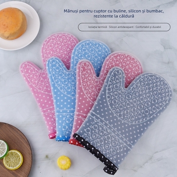Mănuși izolante pentru bucătărie, din silicon cu bumbac în imprimeu cu buline, pentru cuptor cu microunde, două straturi, rezistente la temperaturi înalte, protecție împotriva arsurilor