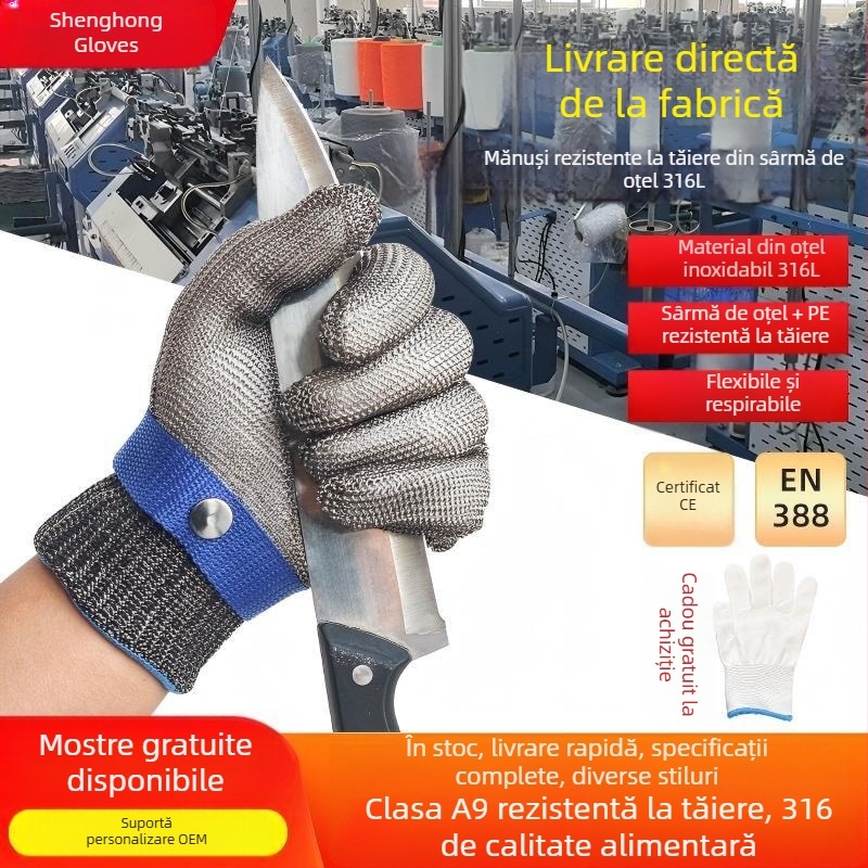Mănuși rezistente la tăiere cu cataramă metalică, cablu din oțel, cinci degete, mănuși de protecție pentru sudori