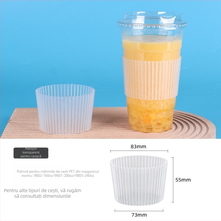Manșon din plastic transparent pentru pahare de ceai cu lapte, o singură utilizare, izolație termică, pentru diametre 90/95/98 mm