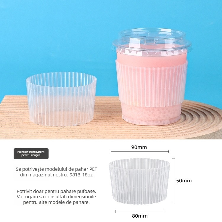 Manșon din plastic transparent pentru pahare de ceai cu lapte, o singură utilizare, izolație termică, pentru diametre 90/95/98 mm