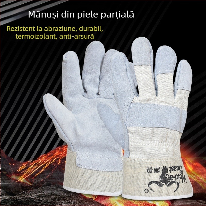 Mănuși de sudură Welding Beast, din piele de vită în două straturi, rezistente la căldură, uzură și foc