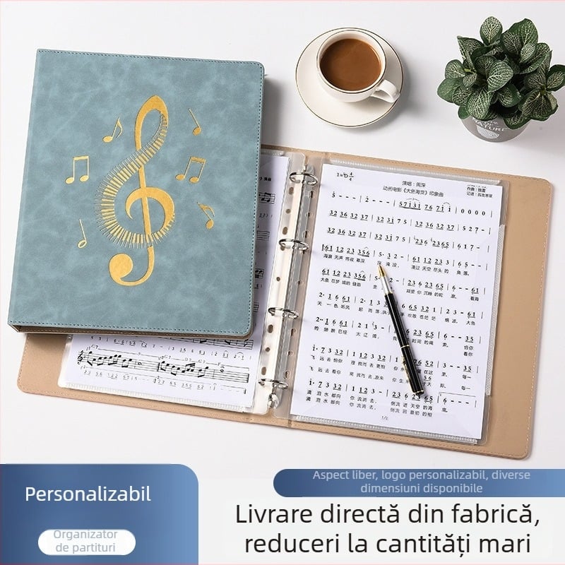 Carte de depozitare partituri, capacitate mare, copertă cu textură de piele, format A4, foi de partituri schimbătoare pentru pian