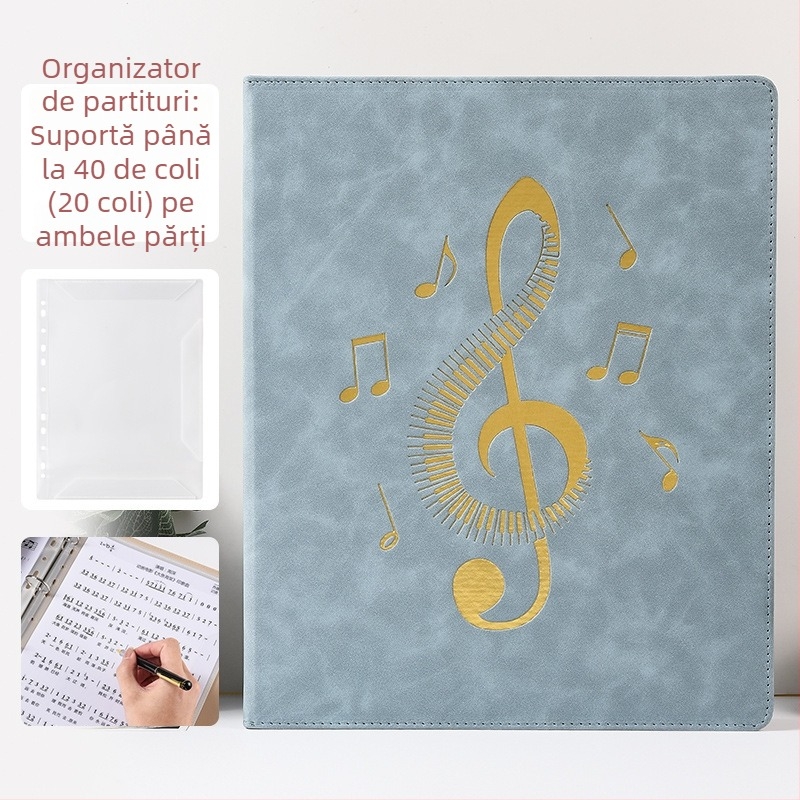 Carte de depozitare partituri, capacitate mare, copertă cu textură de piele, format A4, foi de partituri schimbătoare pentru pian