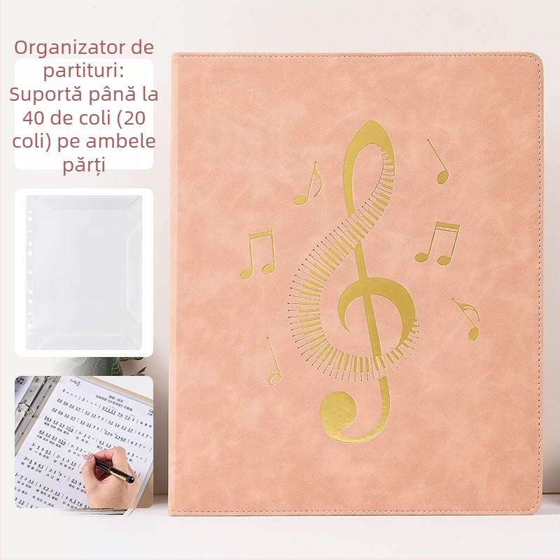 Carte de depozitare partituri, capacitate mare, copertă cu textură de piele, format A4, foi de partituri schimbătoare pentru pian