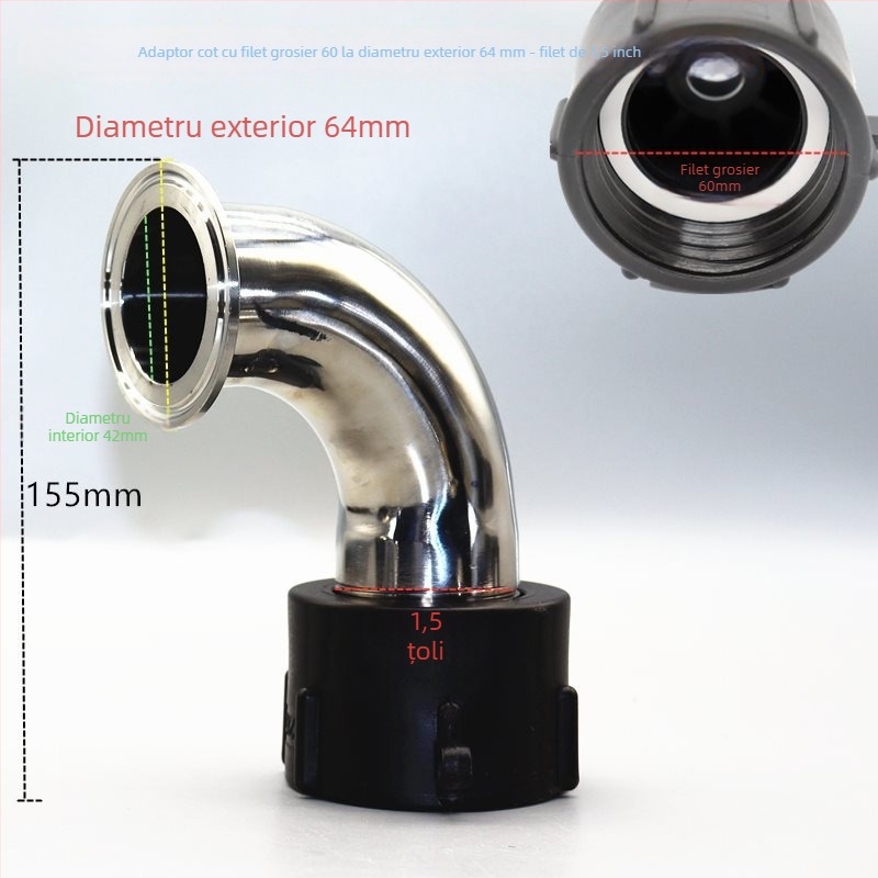 Adaptor de ieșire pentru fitinguri de valve IBC din oțel inoxidabil 304, cu clemă inelară și conectare Chuck