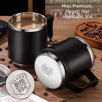Mug din oțel inoxidabil 304, încălzibil, cu capac și pai, pentru birou și casă