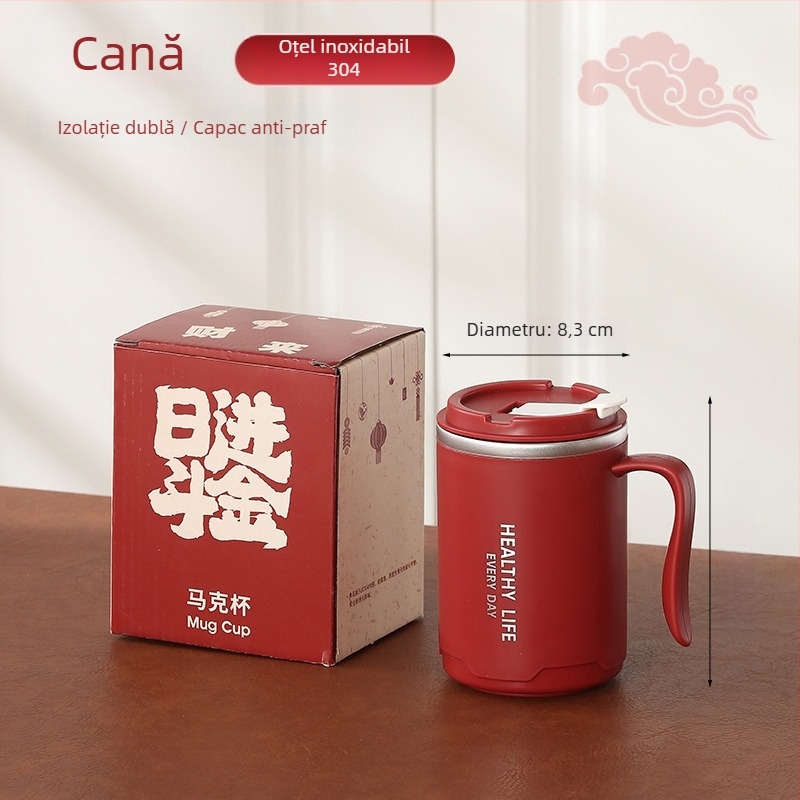 Cană din oțel inoxidabil 304, pereți dubli, capac și mâner, 500 ml