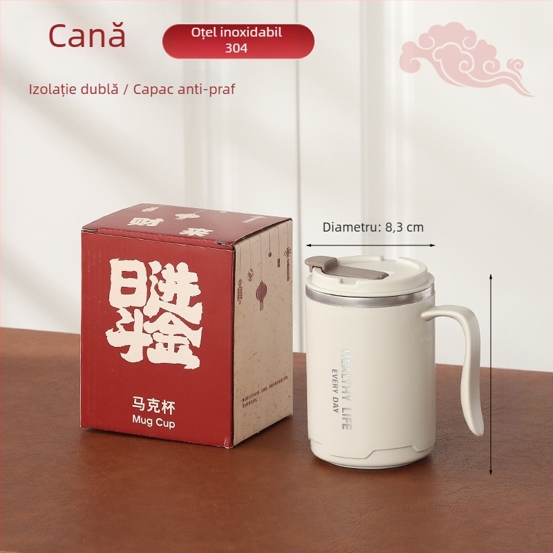 Cană din oțel inoxidabil 304, pereți dubli, capac și mâner, 500 ml