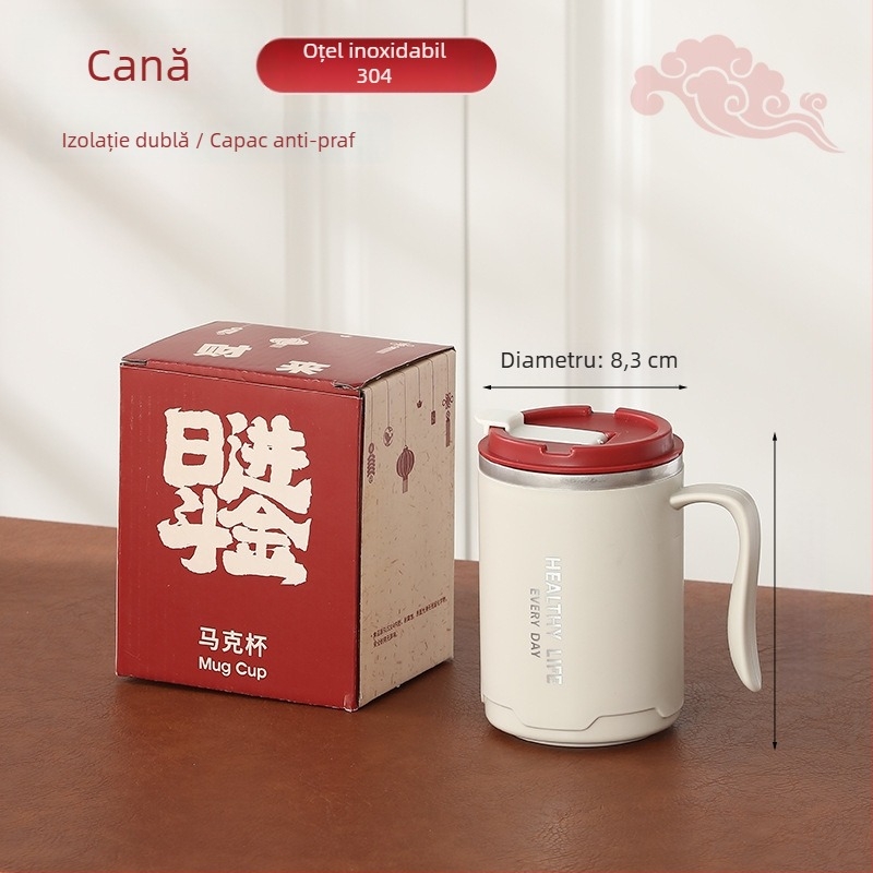 Cană din oțel inoxidabil 304, pereți dubli, capac și mâner, 500 ml